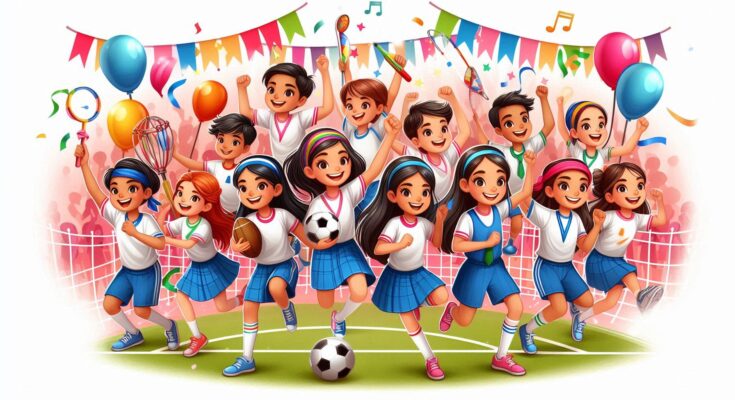 Sports day celebrations in schools with fun activities and students participating in team games